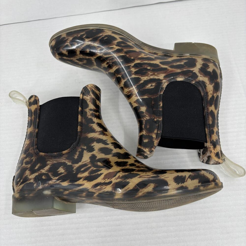 J Crew Rain Boots Size 8 Leopard Print Pull On Rubber Chelsea Waterproof Bootie - Picture 3 of 8